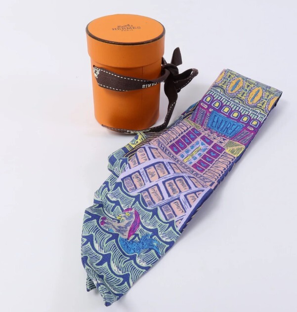 Hermès Super Silk Quest Twilly Scarf Bleu Cobalt Rose Jaune with Box