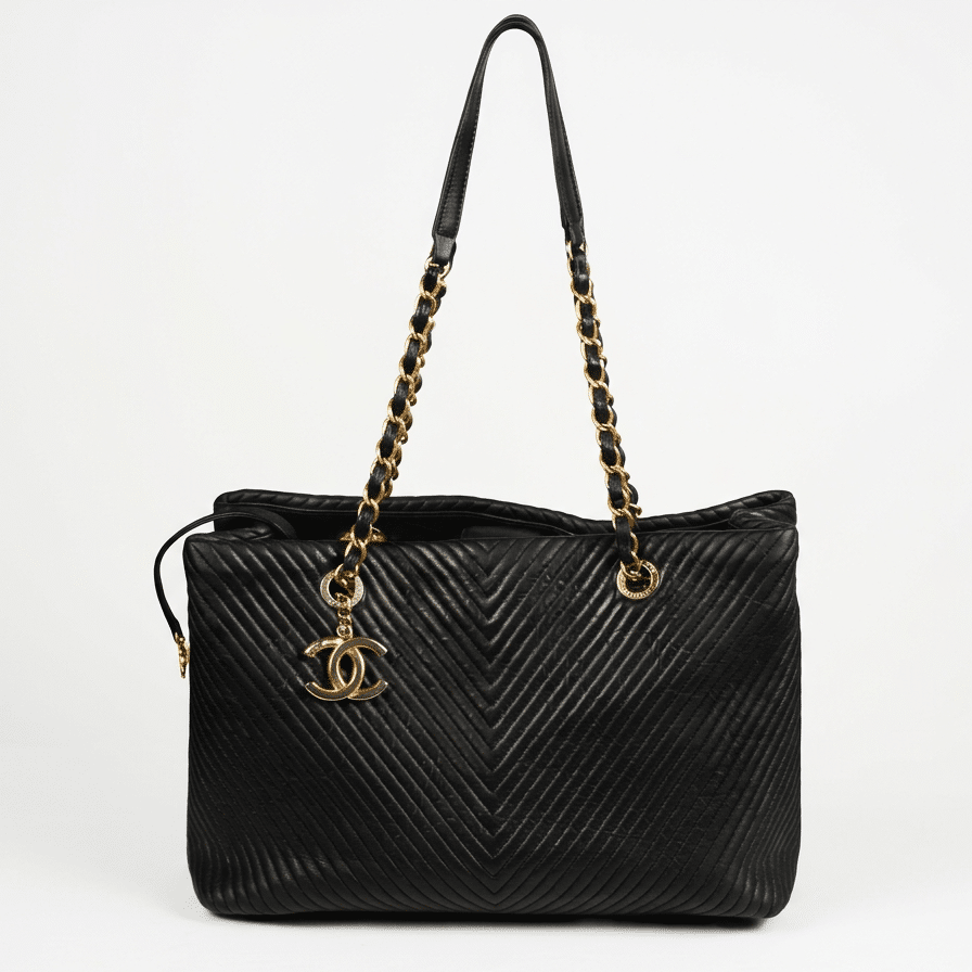 Chanel Surpique Chevron Calfskin CC Charm Black Leather Large Shopping Tote
