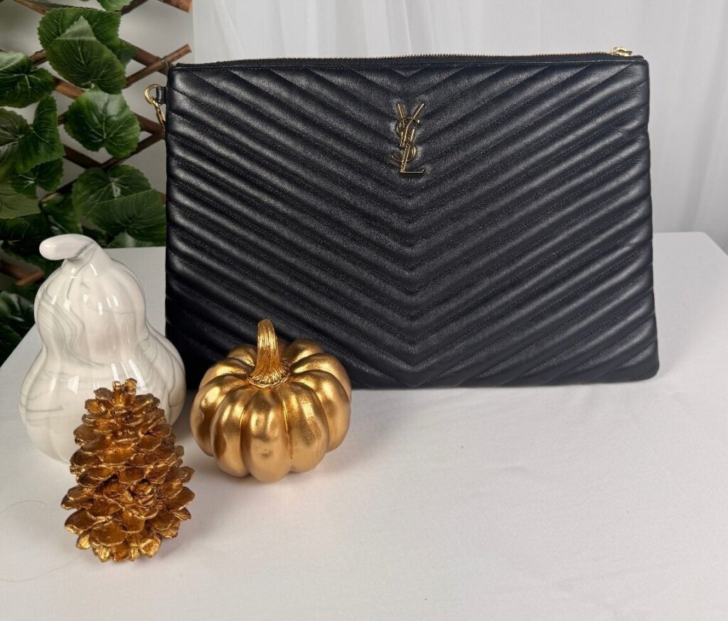 Saint Laurent YSL Monogram Matelassé Chevron Black Leather Document Clutch 440222